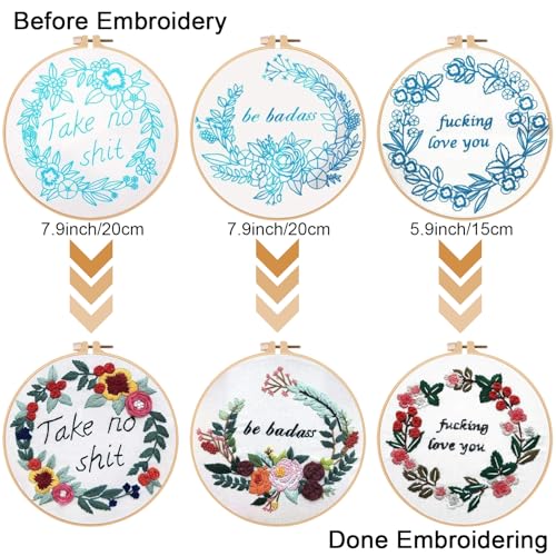 Image of Louise Maelys Embroidery Starter Kit with 3 Hoops for Adults Funny Floral Wreath Pattern for Beginners Needlepoint Kits