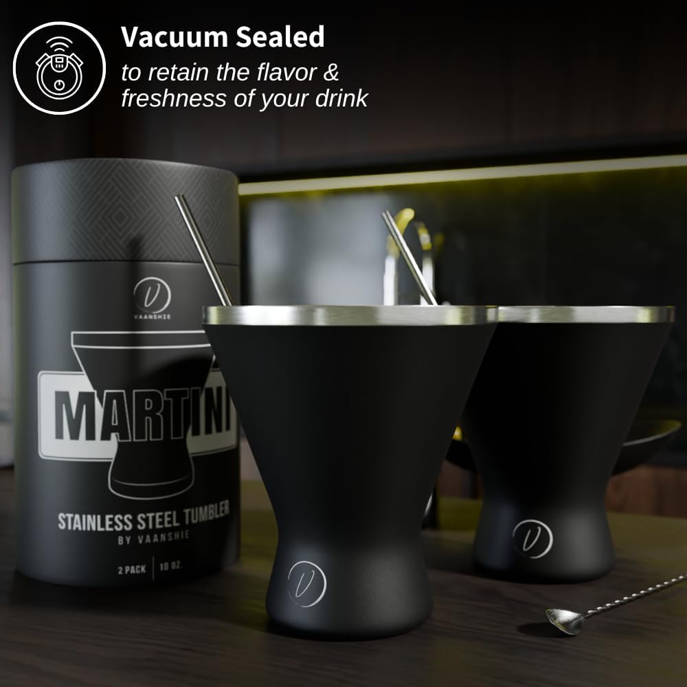 Stainless Steel Martini Glass [Pack of 2] – 10oz Black, Powder Coated, No Sweat, Double Wall Margarita Tumbler for Cocktails and Cold Drinks | Perfect for Valentines Day Gift