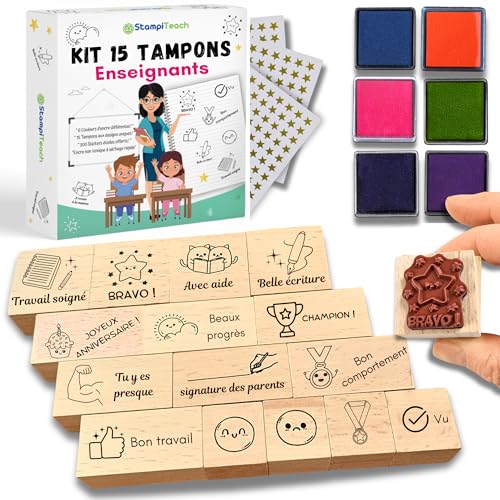 Tampons Enseignants Français - 15 Tampons Maitresse d’école, 6 Encreurs, 300 Stickers & EBook-Tampon Correction, Appreciation et Encouragement pour Professeur des ecoles, Cadeau Maitresse, Instituteur