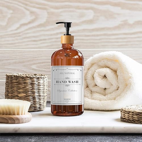 Image of Sunrise Premium 16 OZ Thick Amber Glass Soap Dispenser, Bamboo Pump with Tray 2 Pack, Hand and Dish Soap Dispenser Set for Bathroom with 6 Waterproof Labels