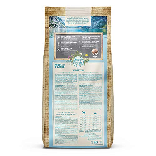 Wildes Land - Nr. 6 Forelle & Lachs - 1 kg - mit Kartoffeln und Wildkräutern - Glutenfrei - Trockenfutter für Hunde - Hundefutter mit hohem Fleischanteil - Hohe Verträglichkeit