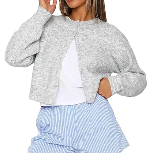 Damen Y2K Strickjacken Pullover Langarm Offene Front Knopfleiste Crop Pullover Einfarbig Gestrickt Pullover Herbst Outfits Tops, hellgrau, M