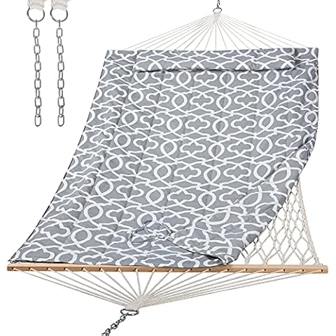 SUNCREAT Hammocks Heavy Duty Hammock with Hardwood Spreader Bar, Double Rope Hammock with Polyester Pad, Grey Cover