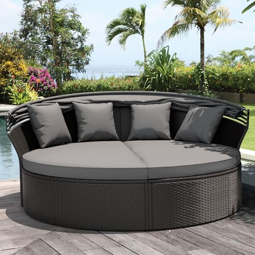 image for Crownland Outdoor Patio Canopy Bed Round Daybed with Washable Cushions