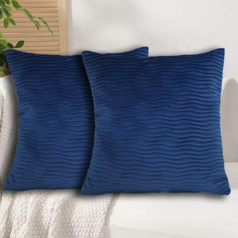 Navy Striped Throw Pillow Covers Boho Decorative Velvet Pillow Covers with Pleated Textured for Couch Sofa Living Room 18x18 Inch Pack of 2