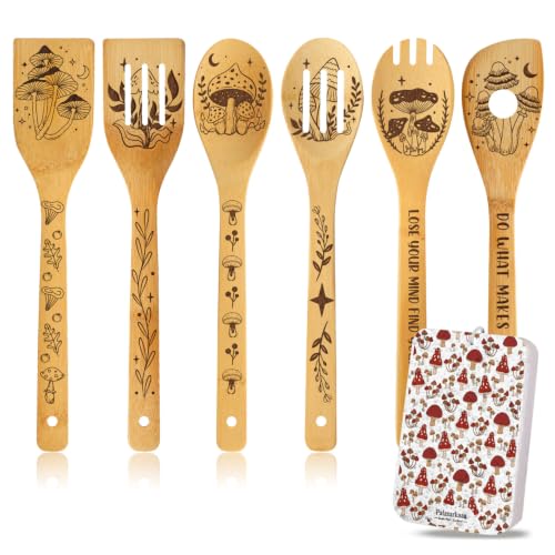6 Pcs Summer Mushroom Kitchen Housewarming Gifts Mushroom Engraved Wooden Spoons Set for Women Mom Wife Neighbor, Quirky Mushroom Unusual Kitchen Gadgets