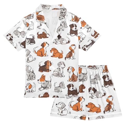 ALAZA Dachshund Dog White Cartoon Pajamas Satin Pajama Set Short Sleeve Button Down Sleepwear