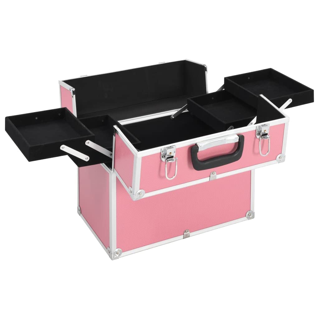 Kosmetikkoffer 38x23x34 cm Rosa aus Holz, ABS-Platten und Aluminium mit ausziehbarem Oberteil, Fächern und Tragegriff für Beauty-Produkte