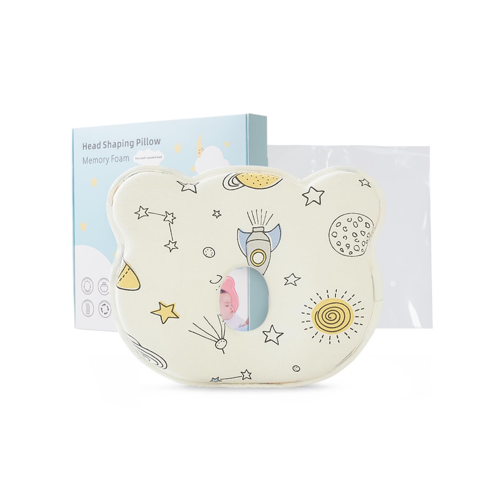 ANYPER Soft Pillow, Anti-Flat Head Foam Cushion with Organic 100% Cotton Covers, Head and Neck Support for Baby Infant (0-12 Months),1-Pack (Space Exploration)