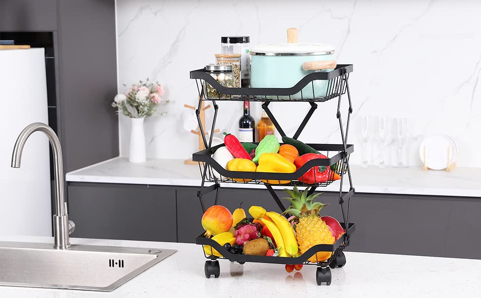Image of KWER Collapsible Rotating Home Trolley Home Rack for Home Multi-Purpose Square Baskets for Home Items Home Accessories Items Multilayer Storage Organizer Onion Potato Rack for Home