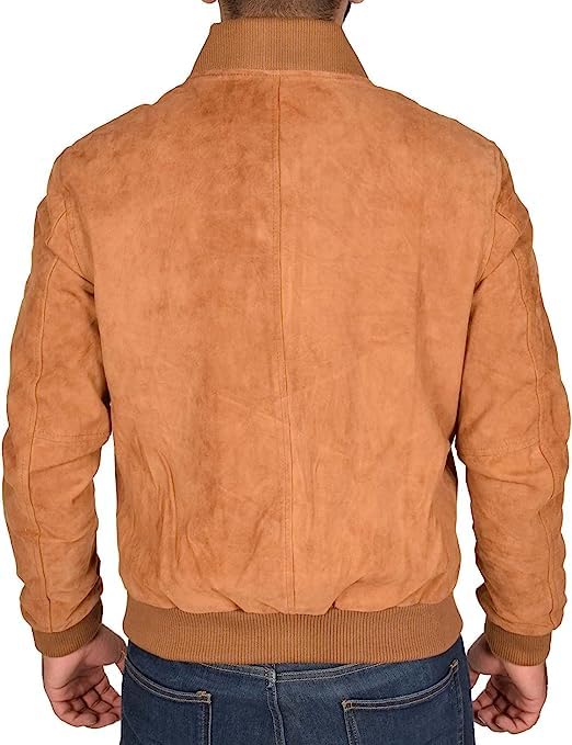 Suede Leather Jackets for Men’s - Genuine Real Lambskin Leather Bomber Jacket Baseball Style Suede Tan Leather Jacket (Large)2