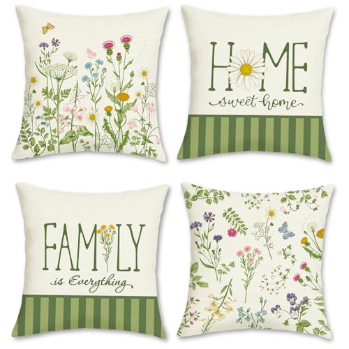 Bonhause Spring Floral Cushion Covers 45 x 45 cm Flowers Leaves Green Stripes Decorative Throw Pillow Covers for Sofa Bed Home Garden Patio Garden Outdoor Decor Set of 4