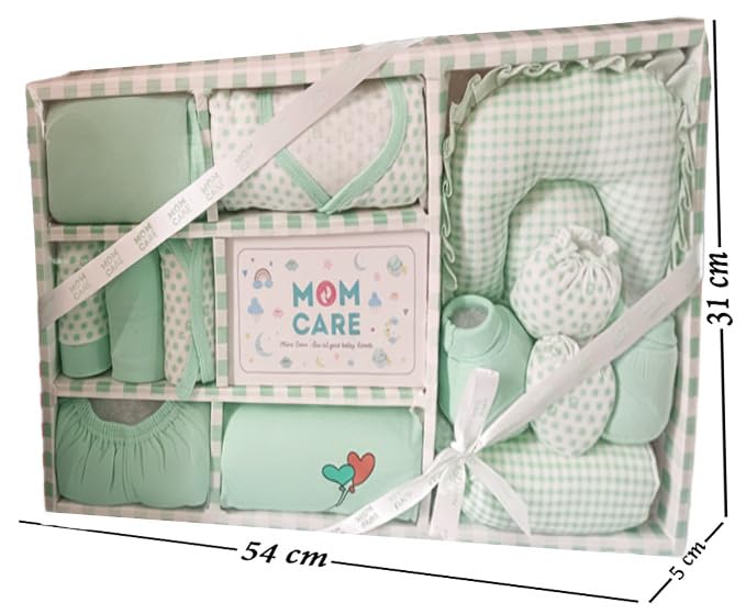 MOM CARE New Born Baby Clothes 0-3 Months | 11 Piece Baby Gift Set | 100% Cotton Newborn Clothing with Bib, Mittens, Booties & Towel | Baby Clothes Set 0-3 Months | Green 3