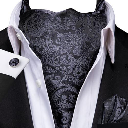 Image of Hi-Tie Silk Ascot for Men Self Tie Men's Cravat and Flower Lapel Pin Handkerchief Cufflinks Set for Wedding Party