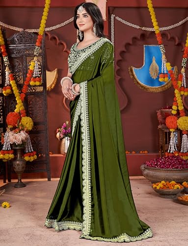 Image of DHARMEE Women's Elegant Designer Sarees Premium Rangoli Fabric with Embellished Border, Lightweight and Stylish Ethnic Wear - Perfect for Parties, Weddings, and Festive Occasions..