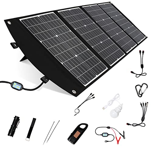 CORAV 120W Portable Solar Panel for Camping - USB C 45W, USB A QC3.0 24W Foldable Solar Charger for Portable Generator Power Station - IP54 Waterproof Solar Panels for RV - Folding 18V DC Solar Kit