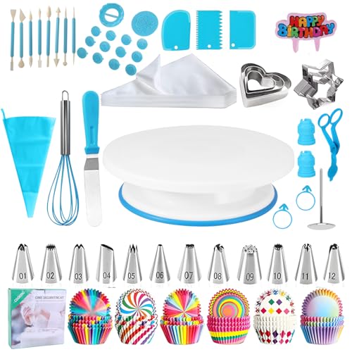 OUZHOU Kit de décoration de gâteaux, 255 outils de décoration de gâteaux avec plateau tournant, poches à douille et buses, équipement de fabrication de gâteaux, accessoires de pâtisserie pour
