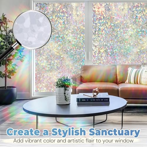 DOWELL Window Privacy Film Rainbow Film, Stained Glass Decorative Sticker, Static Cling Non-Adhesive Glass Clings, Sun Blocking Heat Control Window Coverings for Home Door, 17.5\" x 78.7\" - Thumbnail 2