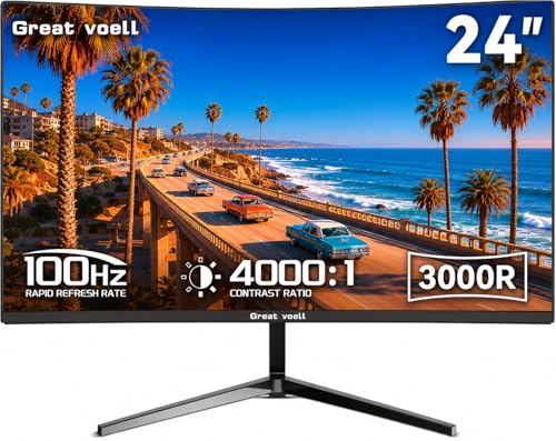 Great voell 24 Inch Curved Monitor FHD(1920 x1080) 100Hz VA Panel 99% sRGB Frameless Design Eye-Care Technology 3000R For Dormitory/Office And Gaming (HDMI VGA) With VESA