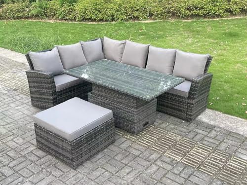 FMSGarden 7 Seater Outdoor Rattan High Back Adjustable Rising Lifting Dining Table Corner Sofa Set Garden Furniture Dark Grey Mixed Left Hand