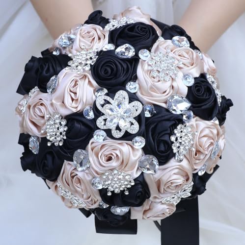 Mhojpik 9.8" Brown Beige & Black Bridal Wedding Bouquet Round Bling Brooch Bouquet Throw Toss Artificial Rose Flower Bunch for Bride Bridesmaid Wedding Quinceanera