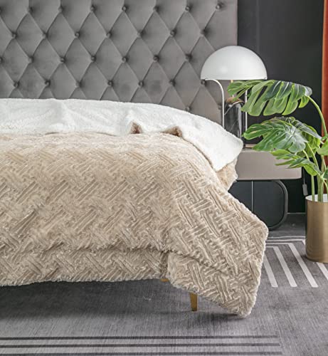 DaDa Bedding Champagne Ivory Faux Fur Throw Blanket - Dreamy Gold Geometric Embossed Sherpa Backside - Super Soft Warm Cozy Plush Fluffy - 63" x 90" by DaDa Bedding - Used condition - Image 5
