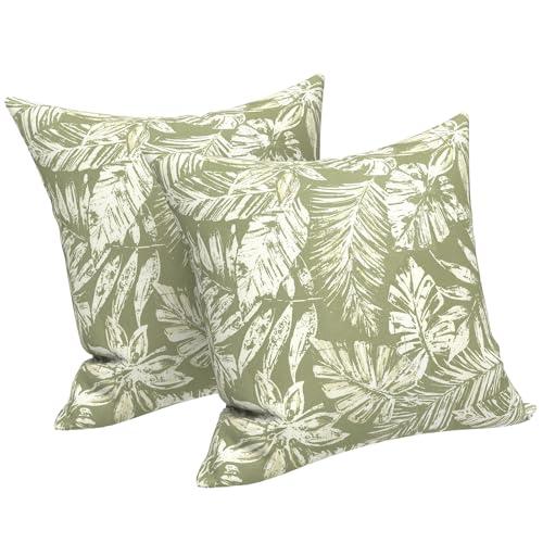 LVTXIII 2 Pack Outdoor Pillows 18x18 Inch, Square Throw Pillows with Inserts, Decorative Water-Repellent Pillow Cushions for Patio Furniture and Garden Sofa, Tropical Leaf Green