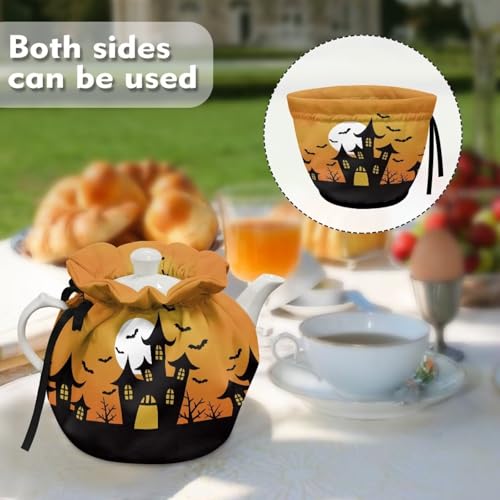 Image of Halloween Bats Moon Dust Cover with Drawstring, Dustproof Teapot Cozy Breakfast Warmer Tea Kettle Quilt for Home Kitchen Table, Red Christmas Decor