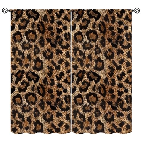 KANEPE Leopard Curtains, Brown Cheetah Print Wild Animal Pattern Window Treatments, Rod Pocket Thermal Insulated Drapes 2 Panel Sets for Bedroom Living Room, 42" W X 45" L【Decor】