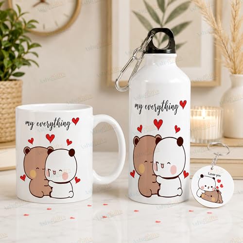 Image of Bubu Dudu Love Gift for Birthday /Anniversary Sipper Water Bottle Aluminium with Coffee Mug, Wooden Keychain Combo Pack NMSK (BOTTLEMUGKEY-5)