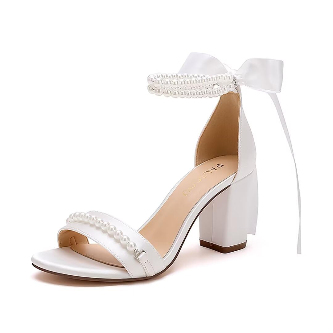 PALSCOU Block Heel Wedding Sandals Pearl Wedding Shoes for Bride Open Toe Bridal Shoes Chunky Heel Sandals