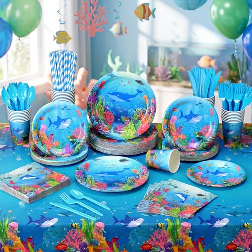 LemonRoad 452 Pcs 50 Guests Under The Sea Party Decoration, Ocean Birthday Paper Plates Napkins Cups Tablecloth Cutlery Straws Disposable Tableware for Sea Animal Underwater Baby Shower Party Supplies by LemonRoad - Image 4
