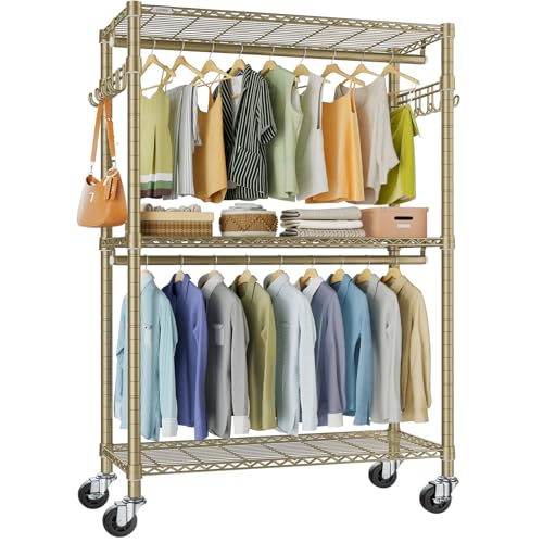 VIPEK R2 Plus Rolling Clothes Rack for Hanging Clothes Heavy Duty Garment Rack 3 Tiers Adjustable Wire Shelving Clothing Racks with Double Hanging Rods, Closet Organizers and Storage, Gold