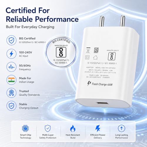 Image of Vivo 44W Flash Adapter with Type C Charging Cable for Vivo T5x, T5 Pro, V70 FE,Y05, X300, V60e, Y31, Y31 Pro, T4 Pro, V60, T4, T4R, T4x, IQOO 15,13, 10R, Z10, Z10x, Neo 10, Z10R | 44 W Quick Charger