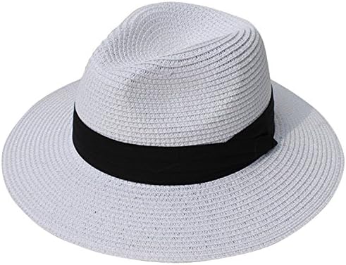 DRESHOW Women Straw Panama Hat Fedora Beach Sun Hat Wide Brim Straw Roll up Hat UPF 50+