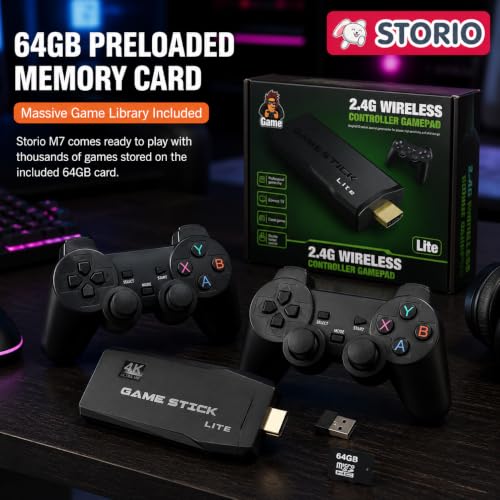 Image of Storio M7 Retro Game Stick for TV | 20,000+ Built-in Classic Games | Plug & Play HDMI Video Game Console with 2 Wireless Controllers & 64GB Card | Gaming Toy for Kids 7-15 Years & Family Fun