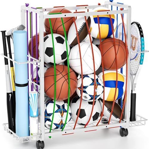 Rolling Sports Ball Storage Cart, Large Capacity Sports Equipment Organizer Garage Ball Organizer with Bat & Racket Holder, Heavy-Duty Sports Equipment Rack with Wheels for Garage Home & Gym (White)