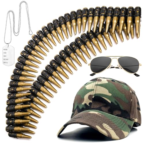 Amlisia Accesorios de disfraz del ejército, accesorios de disfraz militar de soldado de munición con cinturón de bala falso, collar de camuflaje, gorra de béisbol, gafas de sol para hombres y adultos
