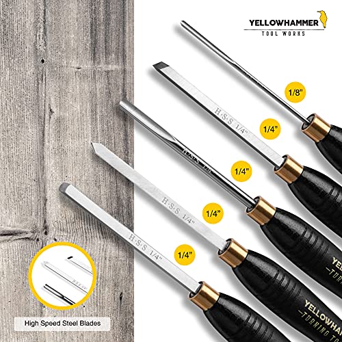 Yellowhammer Turning Tools 5 Piece Mini Lathe Chisel Set, Excellent For Pen Turning And Other Detail Work On Your Lathe, Features High Speed Steel Blades, Brass Ferrules And Beech Handles #TOP4