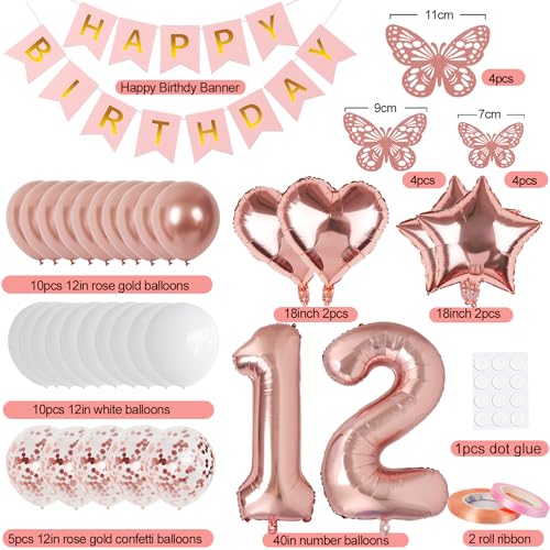 Image of Rose Gold 12th Birthday Decorations for Girl, 12 Year Old Sign with Happy Birthday Banner, 40In Number 12 Foil Birthday Balloons, Butterfly Decorations, Heart and Star Balloons