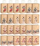 SOBEAU Bolsas de Regalo Kraft para Navidad y Fiestas - 24 Piezas con Asas - Kit Decorativo para Envolver Regalos de Vacaciones