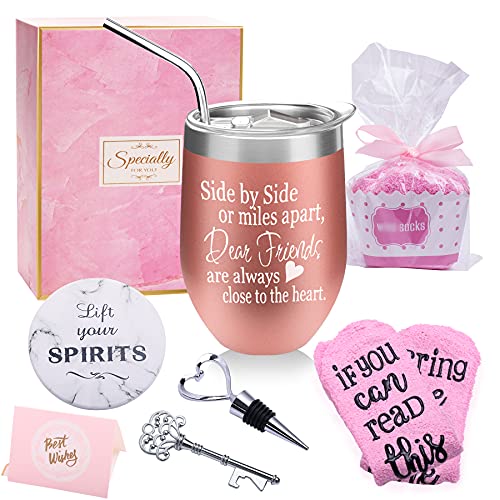 Birthday Gifts for women Best Friends Sister Funny Friendship Gifts Basket for Her Friends Female - Side By Side or Miles Apart Friends 12oz Wine Tumbler with Lid Straw Opener Coaster
