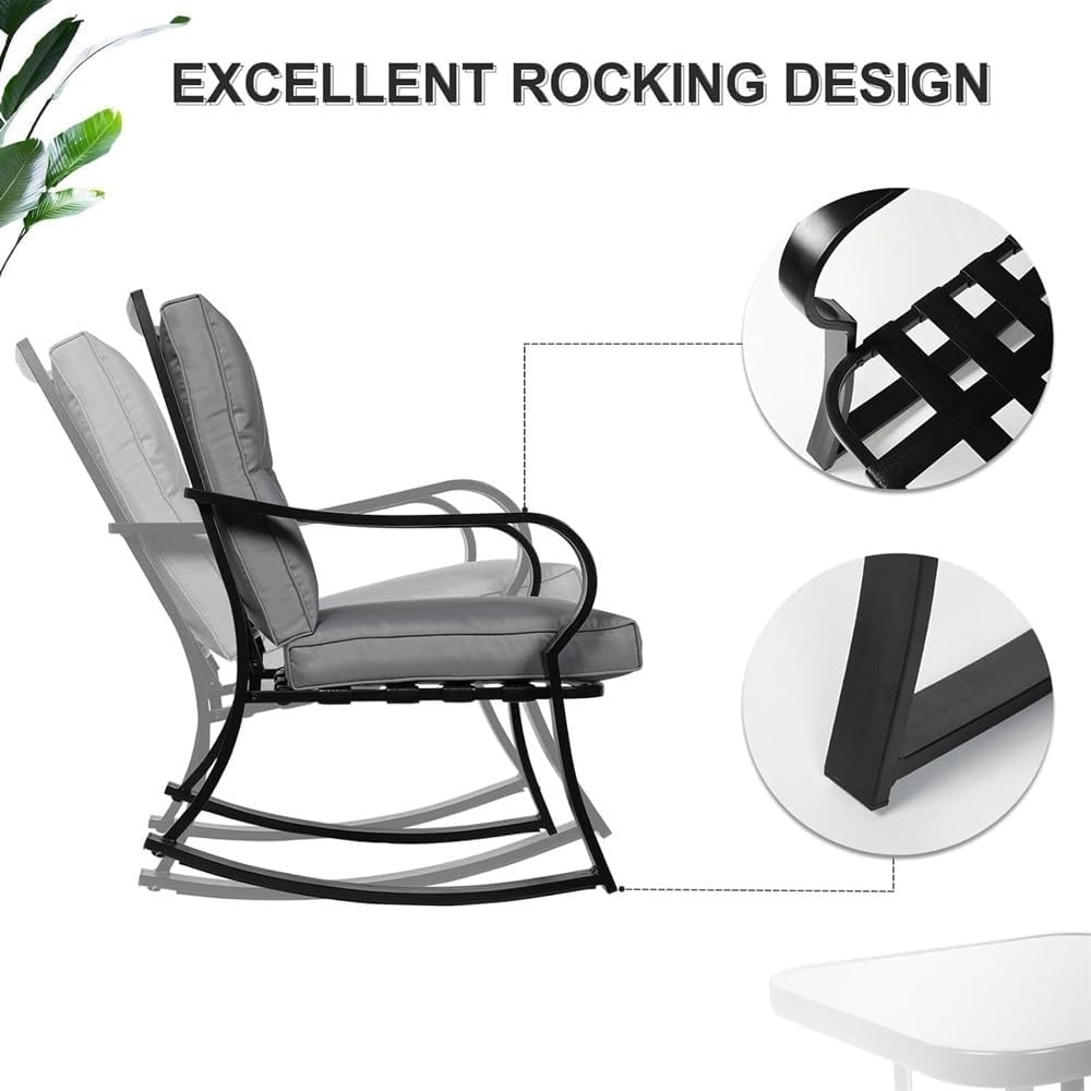 3 Piece Outdoor Furniture Set, Bistro Table and Chairs Set of 2, Metal Patio Conversation Set, for Balcony, Small Apartments, Porch, Backyard, Rocker Patio Chairs Set of 2, Coffee Table