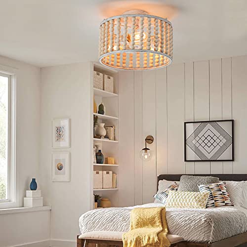 Tewei Wood Beaded Boho Chandelier Light Fixture, Semi Flush Mount Ceiling Light 3-Light Rustic Nursery Close To Ceiling Light For Bedroom Kitchen, Living Room, Oak White, E26 Base #TOP6