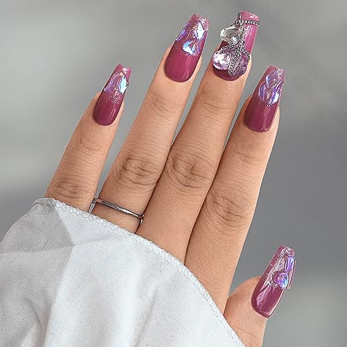 Sethexy Purple Rhinestone Handmade Fake Nail 3D Crystal Long Coffin False Nails Glitter Press on Nails Salon Durable Nails for Women and Girls (6) - Image 3