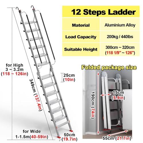 Scala pieghevole in alluminio con gancio per una maggiore sicurezza, ideale per tetto, garage, pozzo finestra e accesso al letto alto, 12 gradini h-350 cm/11,5 piedi