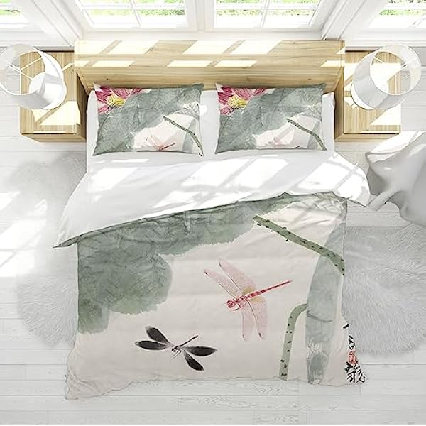 LOTIKS Dragonfly Lotus Leaf Bedrukte dekbedovertrekset in Chinese stijl 1 dekbedovertrek 2 kussenslopen voelen superzacht aan, comfortabel 140 x 190 cm