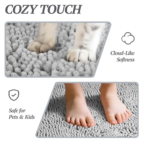 VIVAGLORY Schmutzfangmatte Hund Absorpmax Cleany Mat Hund, Hundeteppich Schmutzmatte Fußmatte, Waschbar Wasserdicht rutschfest Schlammige Saugfähige Chenille Fußmatte, 80cm × 50cm, Grau