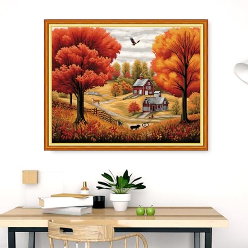 Image of Dimensean Stamped Cross Stitch Kits Full Range of Embroidery Patterns Starter Kits for Beginners Adult DIY Cross Stitches Needlepoint Kits 11CT-Autumn Scenery 16x20 inch