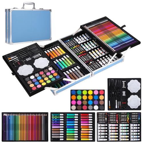 Puxary Malette Dessin 144 Pièces, Kit Dessin Enfant Adultes, Mallette de Coloriage, Crayons de Couleur, Aquarelle, Pastels, Sets de Dessin